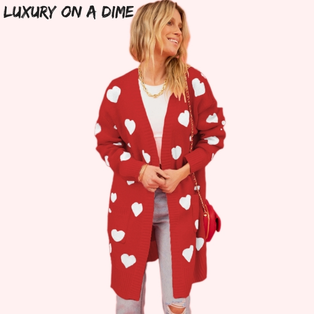 Contrasting Heart Knit Open Front Longline Pocket Sweater Cardigan Valentine - Picture 1 of 9